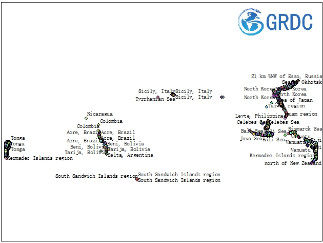 地震 （1900-2020， 深度：大于300 km） （小尺度）